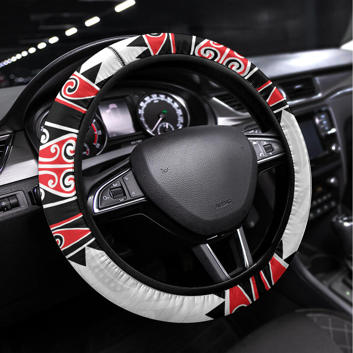 New Zealand Aotearoa Steering Wheel Cover With Kowhaiwhai Pattern Red Version LT05 Universal Fit Red - Polynesian Pride