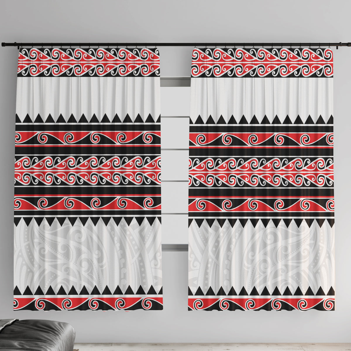 New Zealand Aotearoa Window Curtain With Kowhaiwhai Pattern Red Version LT05 With Hooks Red - Polynesian Pride