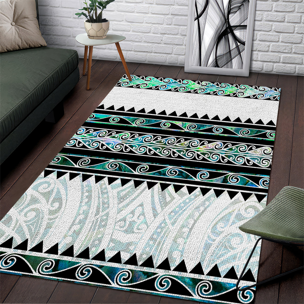 New Zealand Aotearoa Area Rug With Paua Shell Kowhaiwhai Pattern LT05 Green - Polynesian Pride