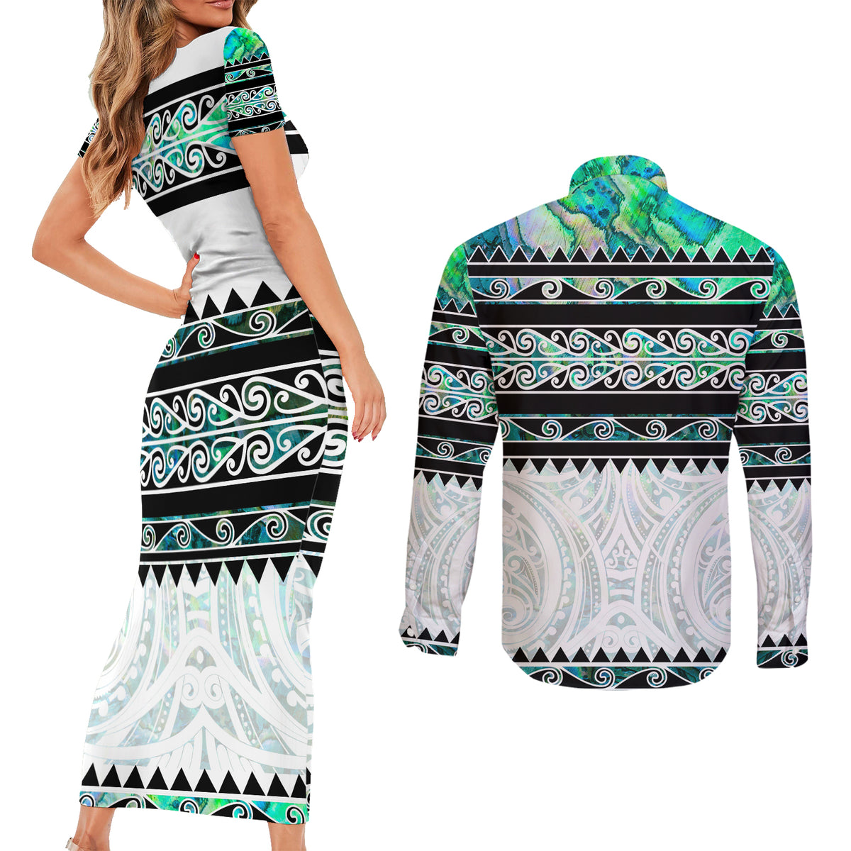 New Zealand Aotearoa Couples Matching Short Sleeve Bodycon Dress and Long Sleeve Button Shirt With Paua Shell Kowhaiwhai Pattern LT05 - Polynesian Pride