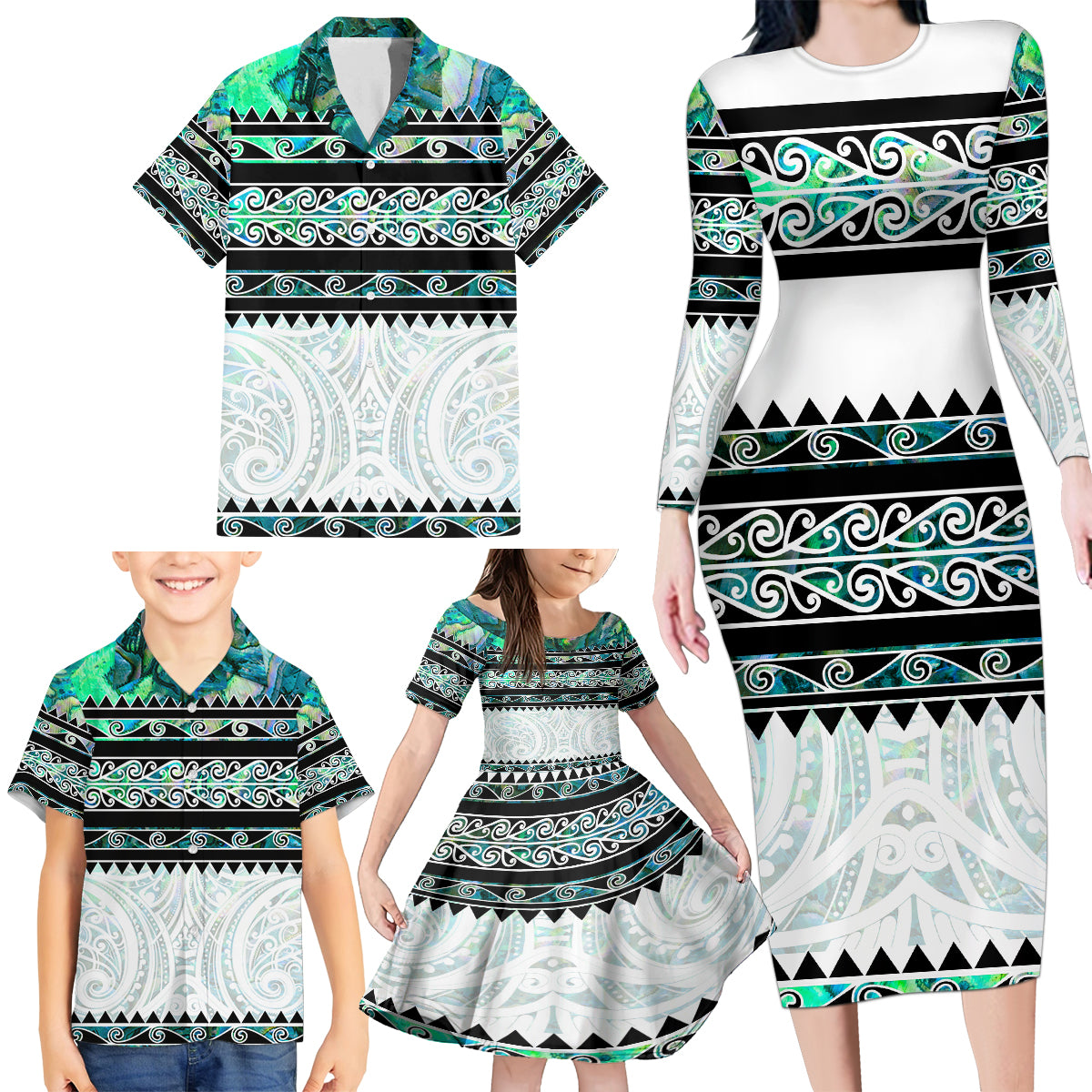 New Zealand Aotearoa Family Matching Long Sleeve Bodycon Dress and Hawaiian Shirt With Paua Shell Kowhaiwhai Pattern LT05 - Polynesian Pride