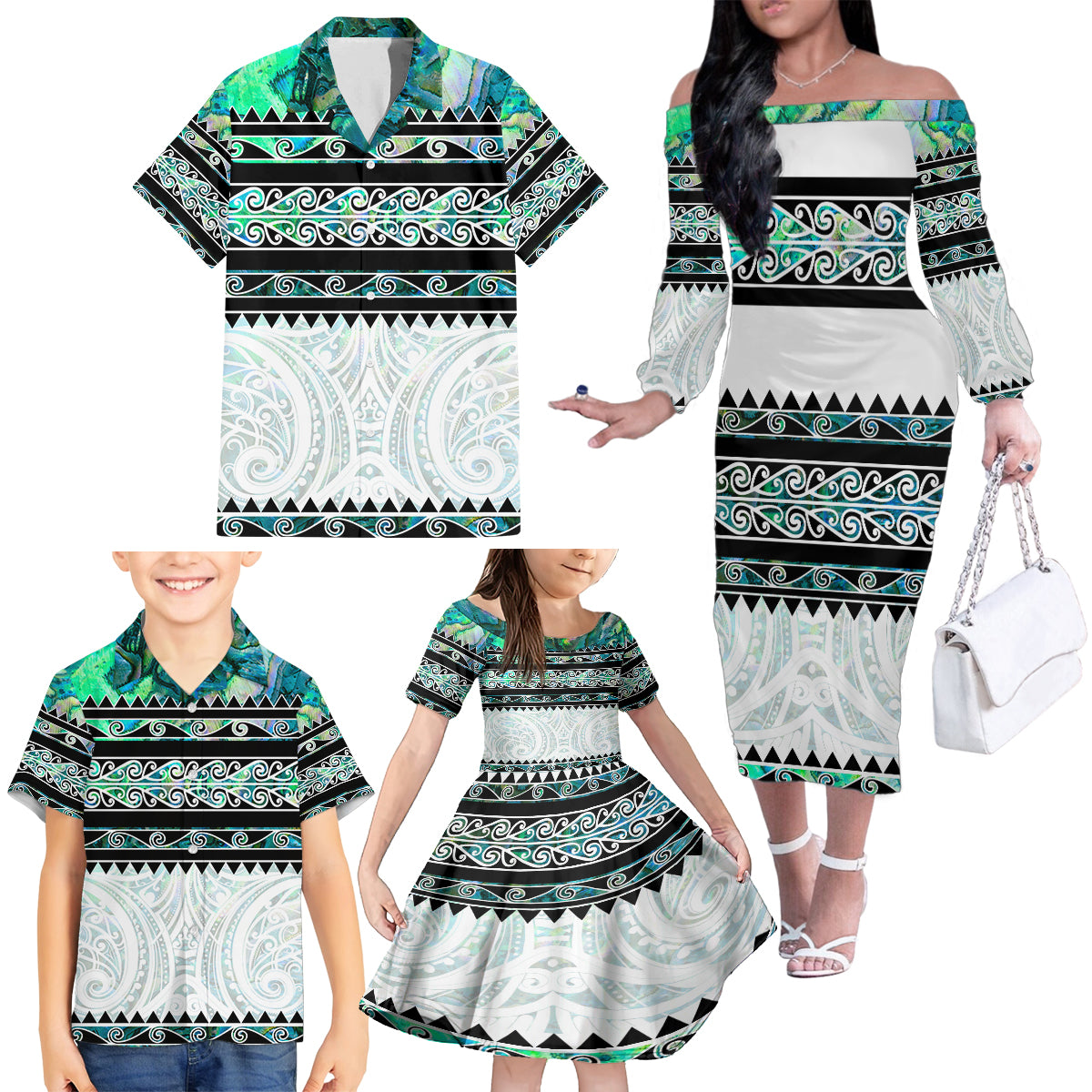 New Zealand Aotearoa Family Matching Off Shoulder Long Sleeve Dress and Hawaiian Shirt With Paua Shell Kowhaiwhai Pattern LT05 - Polynesian Pride