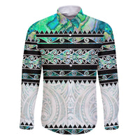 New Zealand Aotearoa Family Matching Off Shoulder Long Sleeve Dress and Hawaiian Shirt With Paua Shell Kowhaiwhai Pattern LT05 Dad's Shirt - Long Sleeve Green - Polynesian Pride
