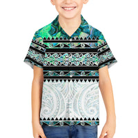 New Zealand Aotearoa Family Matching Off Shoulder Maxi Dress and Hawaiian Shirt With Paua Shell Kowhaiwhai Pattern LT05 Son's Shirt Green - Polynesian Pride