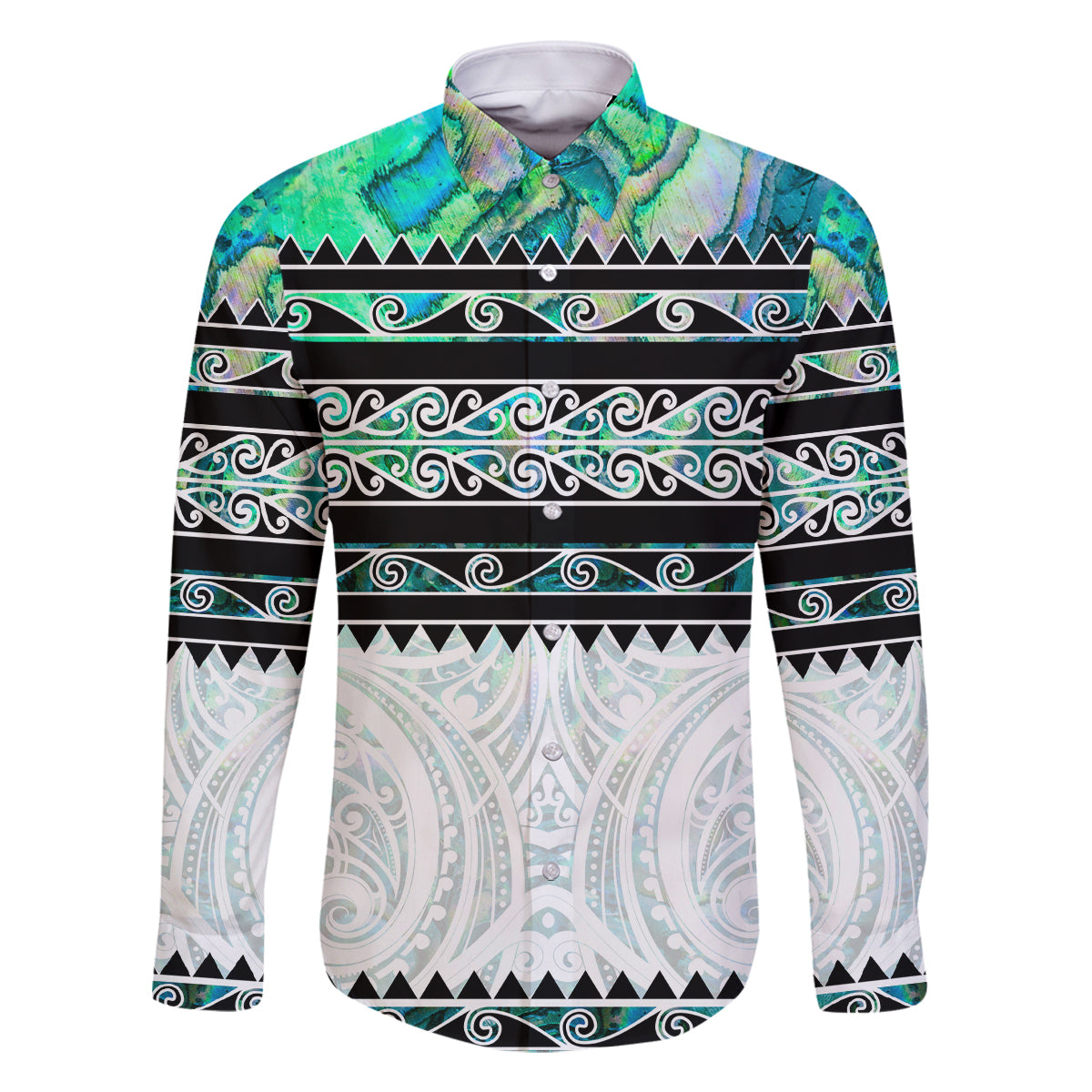 New Zealand Aotearoa Family Matching Off Shoulder Short Dress and Hawaiian Shirt With Paua Shell Kowhaiwhai Pattern LT05 Dad's Shirt - Long Sleeve Green - Polynesian Pride