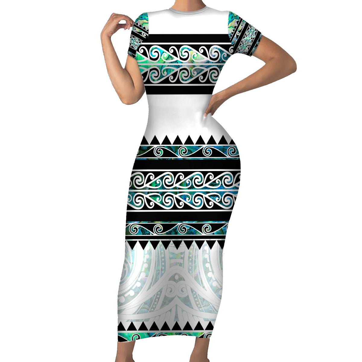 New Zealand Aotearoa Family Matching Short Sleeve Bodycon Dress and Hawaiian Shirt With Paua Shell Kowhaiwhai Pattern LT05 Mom's Dress Green - Polynesian Pride