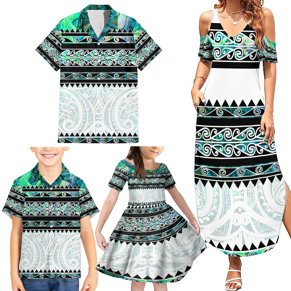 New Zealand Aotearoa Family Matching Summer Maxi Dress and Hawaiian Shirt With Paua Shell Kowhaiwhai Pattern LT05 - Polynesian Pride