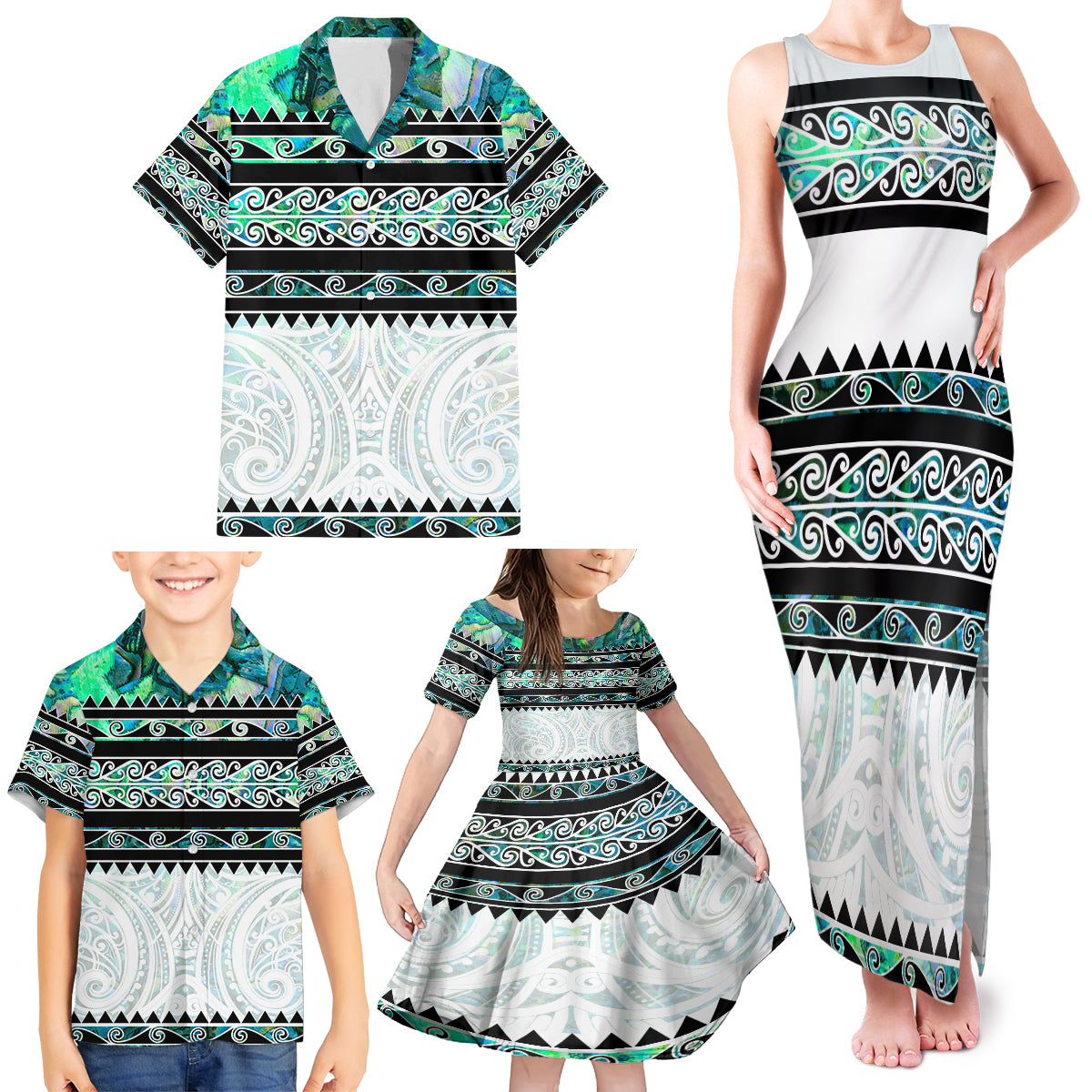 New Zealand Aotearoa Family Matching Tank Maxi Dress and Hawaiian Shirt With Paua Shell Kowhaiwhai Pattern LT05 - Polynesian Pride