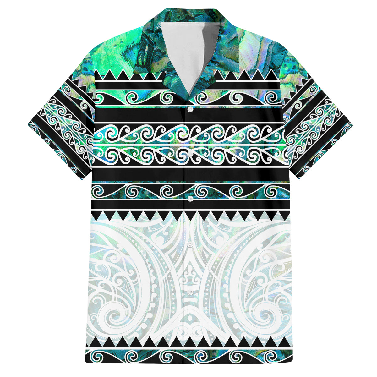 New Zealand Aotearoa Family Matching Tank Maxi Dress and Hawaiian Shirt With Paua Shell Kowhaiwhai Pattern LT05 Dad's Shirt - Short Sleeve Green - Polynesian Pride