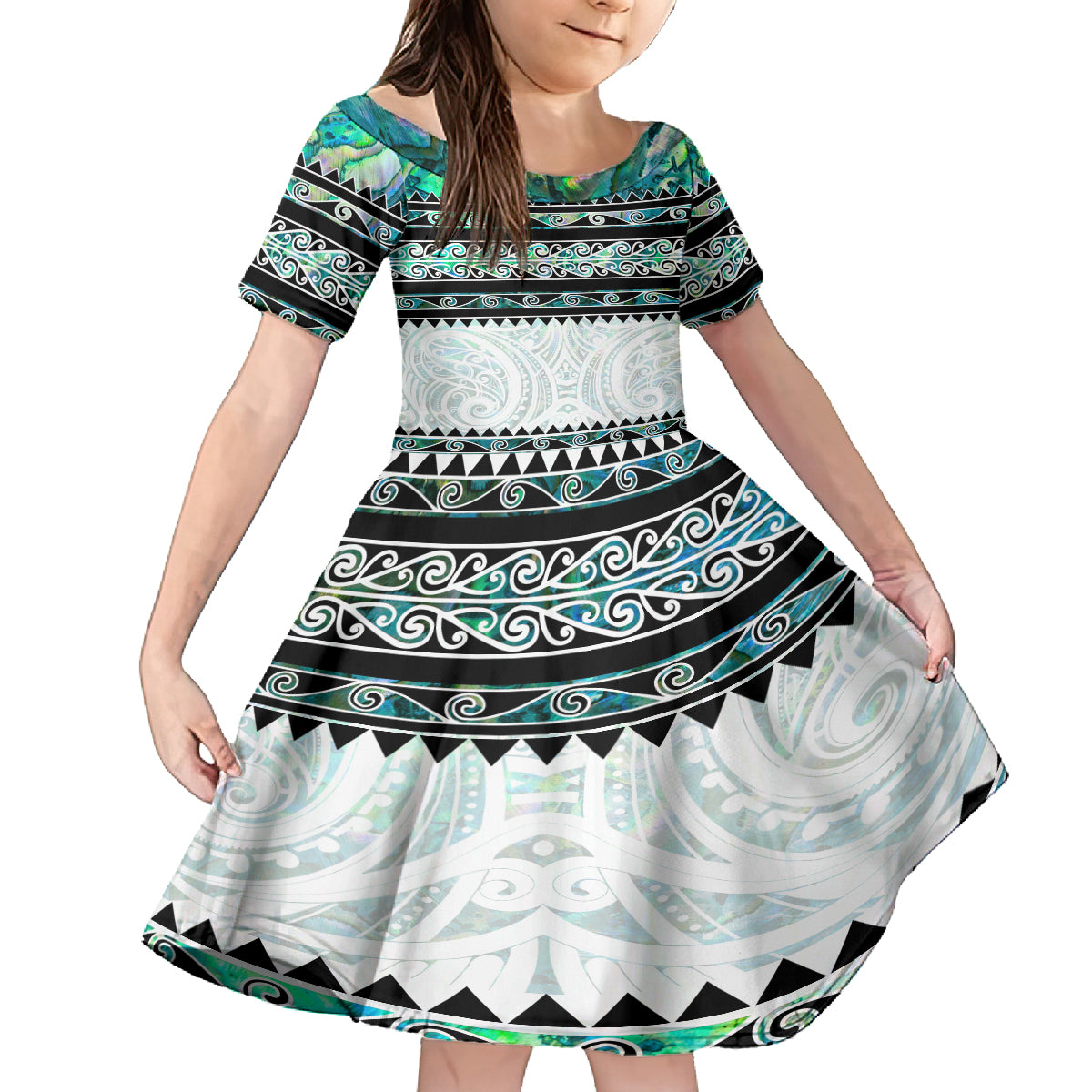 New Zealand Aotearoa Kid Short Sleeve Dress With Paua Shell Kowhaiwhai Pattern LT05 KID Green - Polynesian Pride