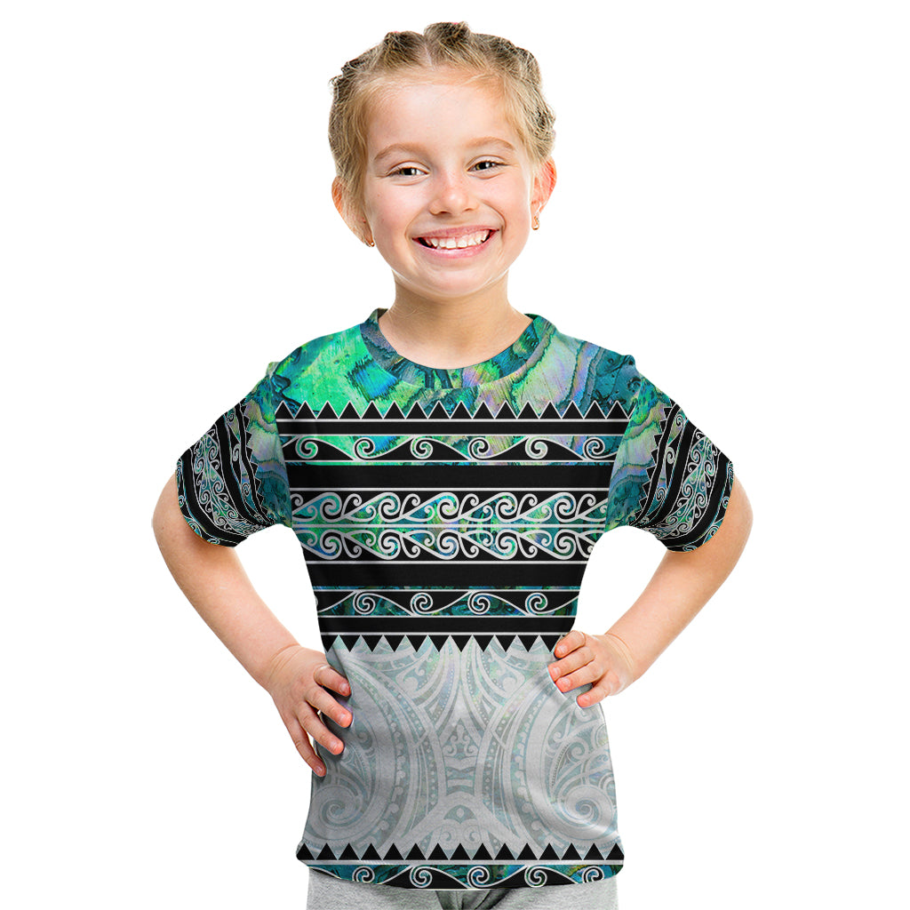 New Zealand Aotearoa Kid T Shirt With Paua Shell Kowhaiwhai Pattern LT05 Green - Polynesian Pride