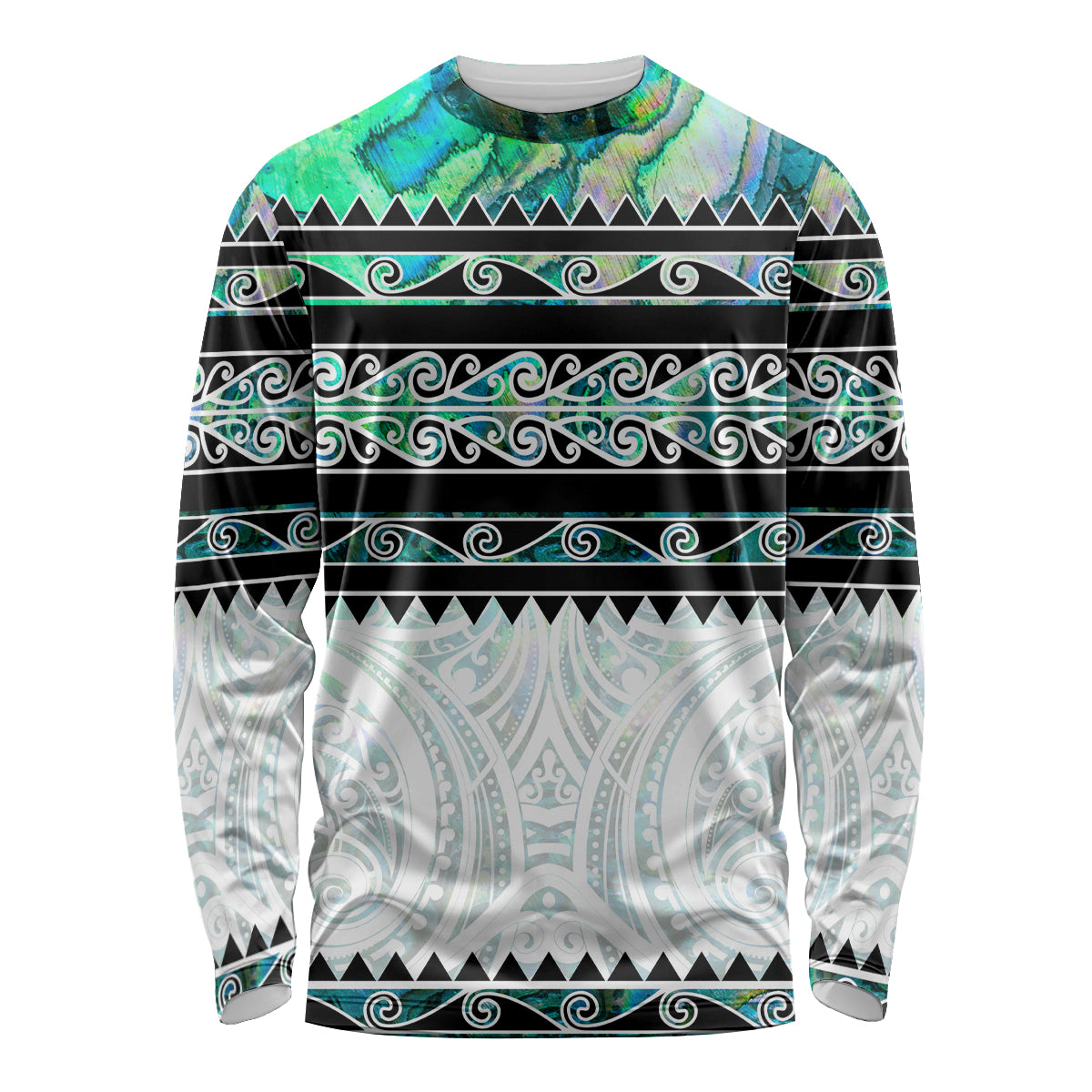 New Zealand Aotearoa Long Sleeve Shirt With Paua Shell Kowhaiwhai Pattern LT05 Unisex Green - Polynesian Pride