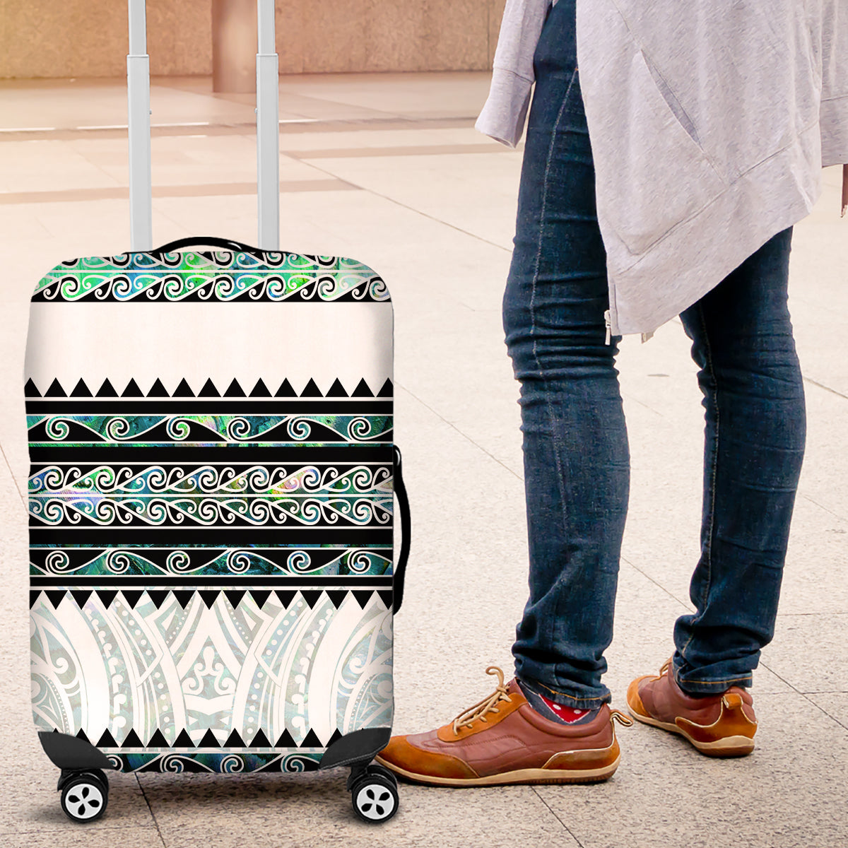 New Zealand Aotearoa Luggage Cover With Paua Shell Kowhaiwhai Pattern LT05 Green - Polynesian Pride