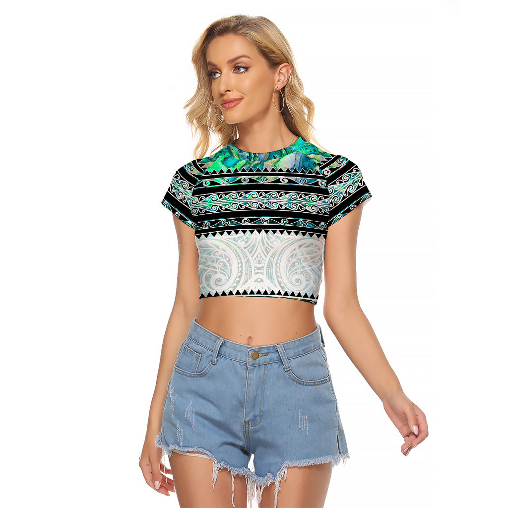 New Zealand Aotearoa Raglan Cropped T Shirt With Paua Shell Kowhaiwhai Pattern LT05 Female Green - Polynesian Pride