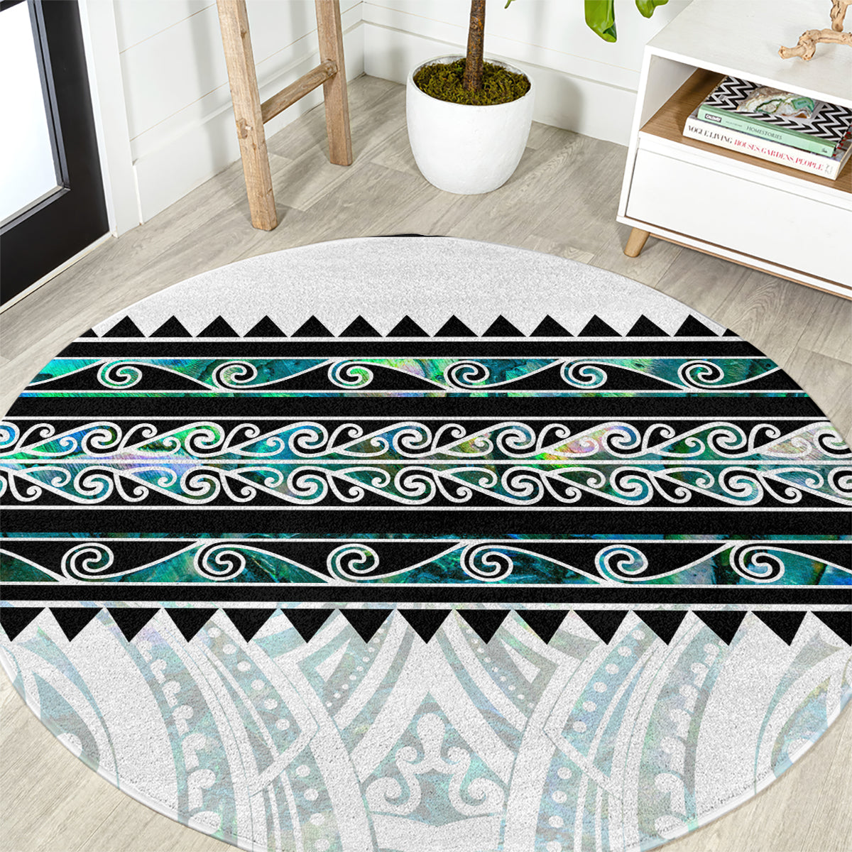 New Zealand Aotearoa Round Carpet With Paua Shell Kowhaiwhai Pattern LT05 Green - Polynesian Pride