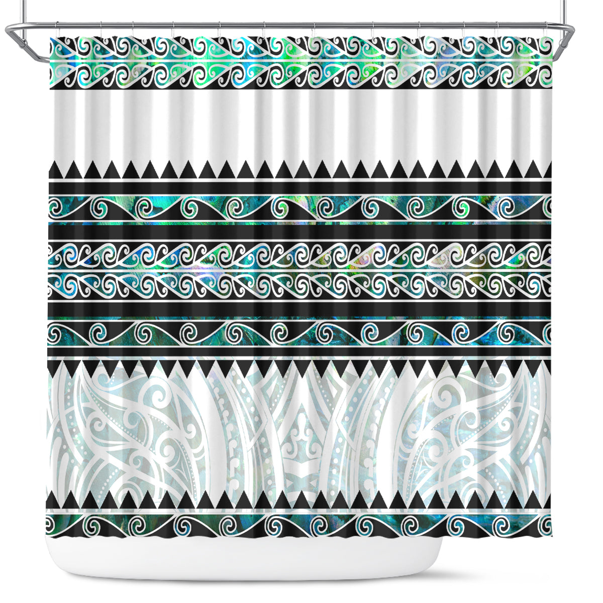 New Zealand Aotearoa Shower Curtain With Paua Shell Kowhaiwhai Pattern LT05 Green - Polynesian Pride