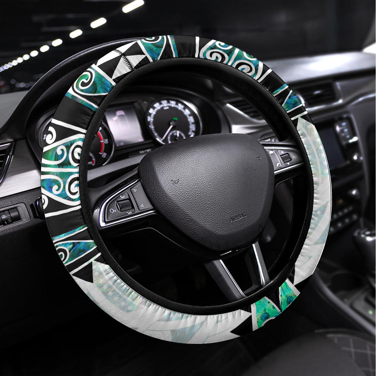 New Zealand Aotearoa Steering Wheel Cover With Paua Shell Kowhaiwhai Pattern LT05 Universal Fit Green - Polynesian Pride