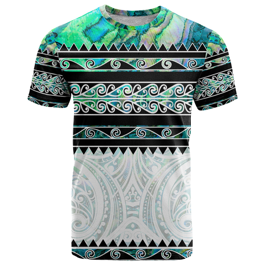 New Zealand Aotearoa T Shirt With Paua Shell Kowhaiwhai Pattern LT05 Green - Polynesian Pride