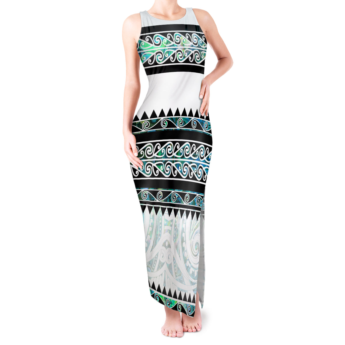 New Zealand Aotearoa Tank Maxi Dress With Paua Shell Kowhaiwhai Pattern LT05 Women Green - Polynesian Pride