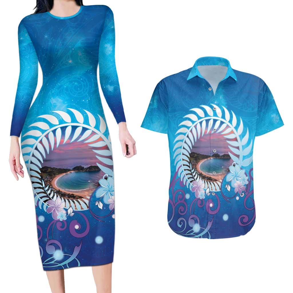 New Zealand Matapouri Beach Landscape Couples Matching Long Sleeve Bodycon Dress and Hawaiian Shirt