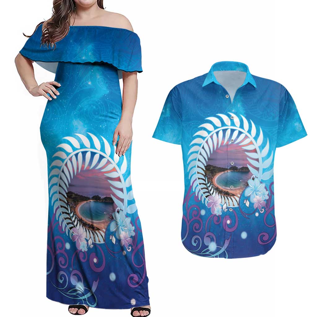 New Zealand Matapouri Beach Landscape Couples Matching Off Shoulder Maxi Dress and Hawaiian Shirt