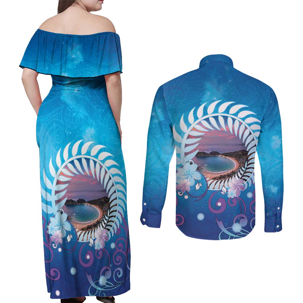 New Zealand Matapouri Beach Landscape Couples Matching Off Shoulder Maxi Dress and Long Sleeve Button Shirt LT05 - Polynesian Pride