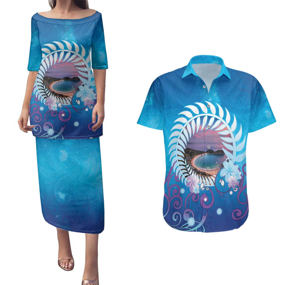 New Zealand Matapouri Beach Landscape Couples Matching Puletasi and Hawaiian Shirt LT05 Blue - Polynesian Pride