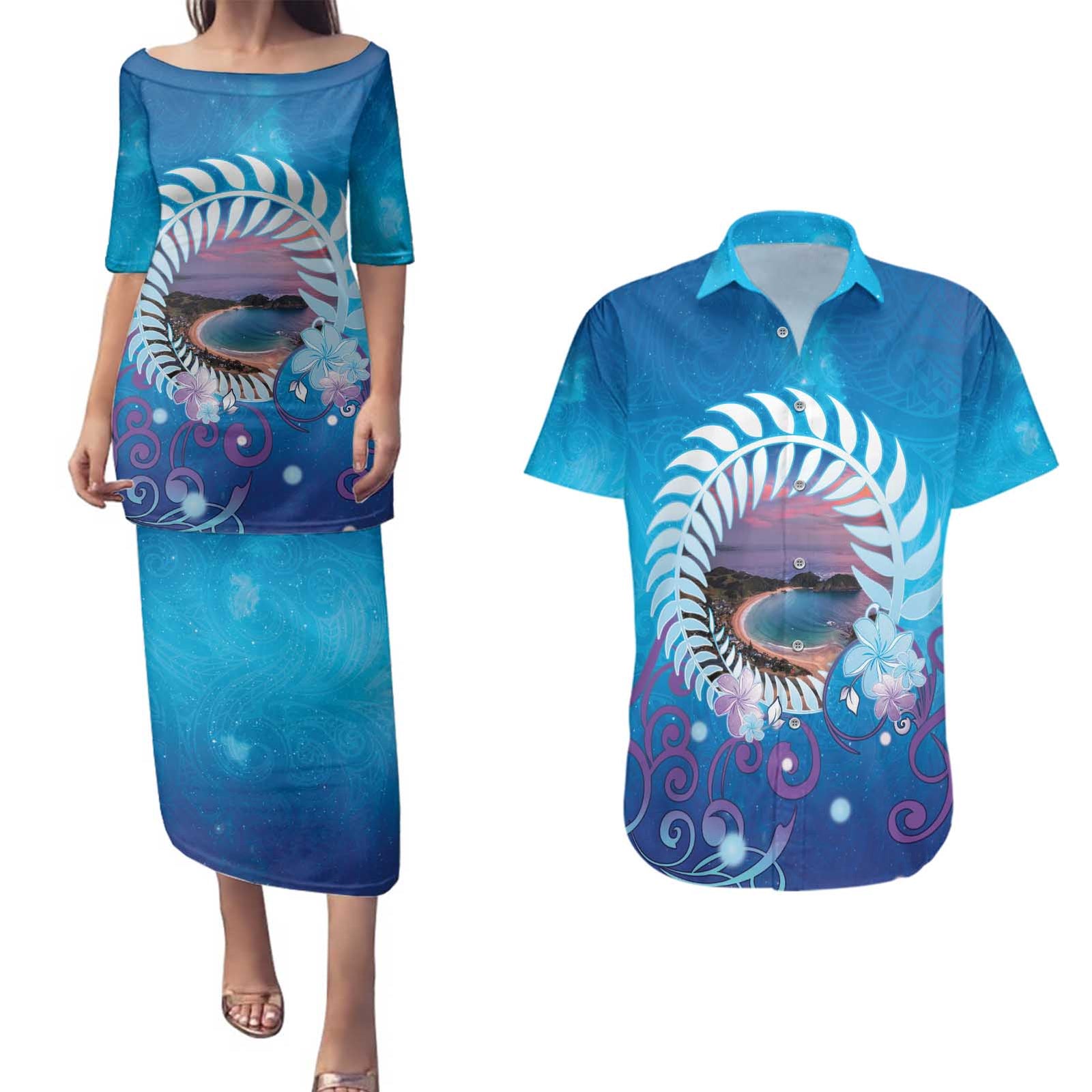 New Zealand Matapouri Beach Landscape Couples Matching Puletasi and Hawaiian Shirt LT05 Blue - Polynesian Pride