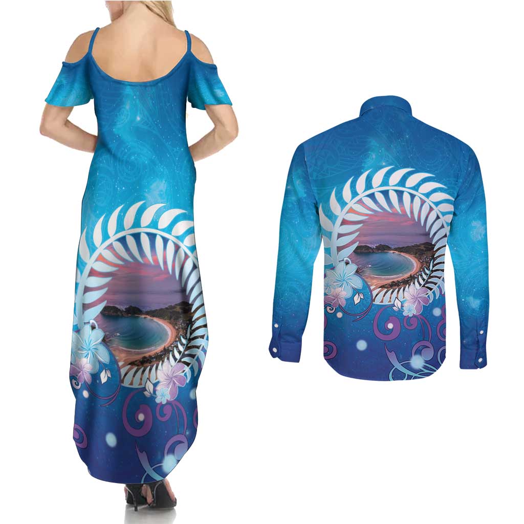 New Zealand Matapouri Beach Landscape Couples Matching Summer Maxi Dress and Long Sleeve Button Shirt LT05 - Polynesian Pride