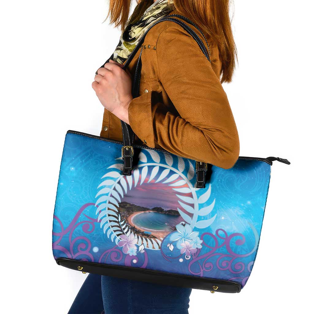 New Zealand Matapouri Beach Landscape Leather Tote Bag LT05 Blue - Polynesian Pride