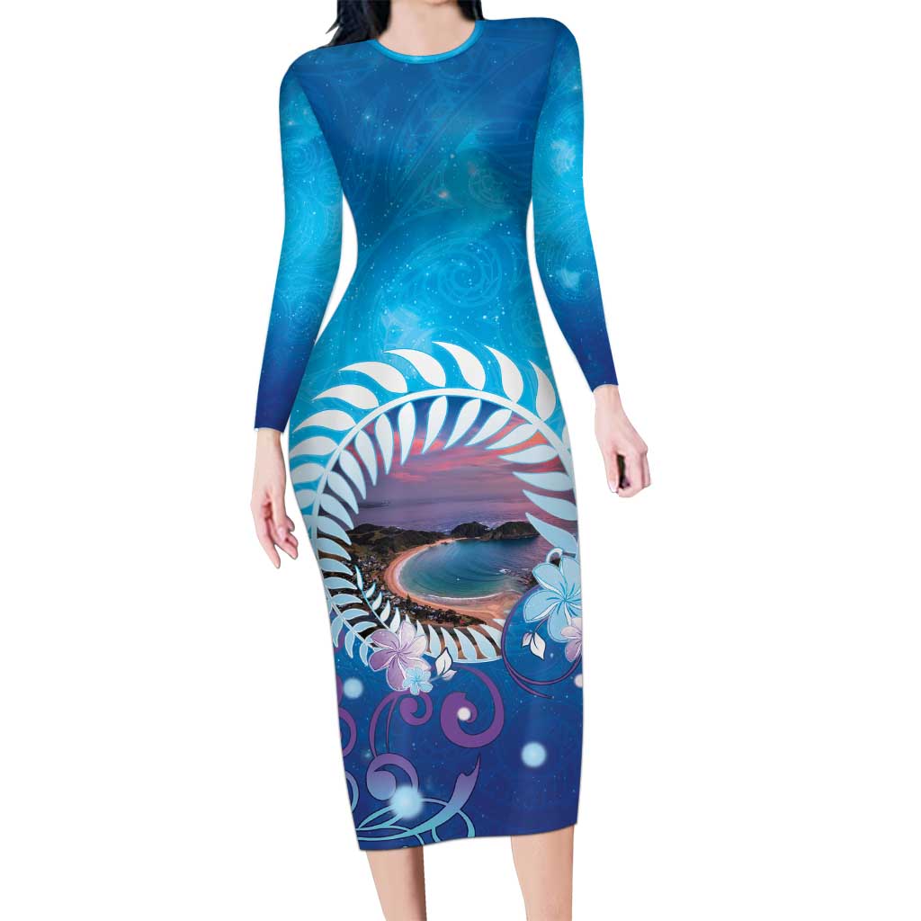 New Zealand Matapouri Beach Landscape Long Sleeve Bodycon Dress