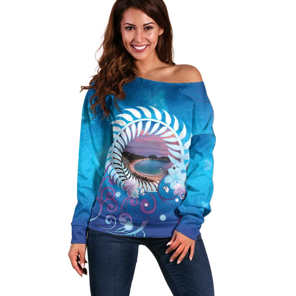 New Zealand Matapouri Beach Landscape Off Shoulder Sweater