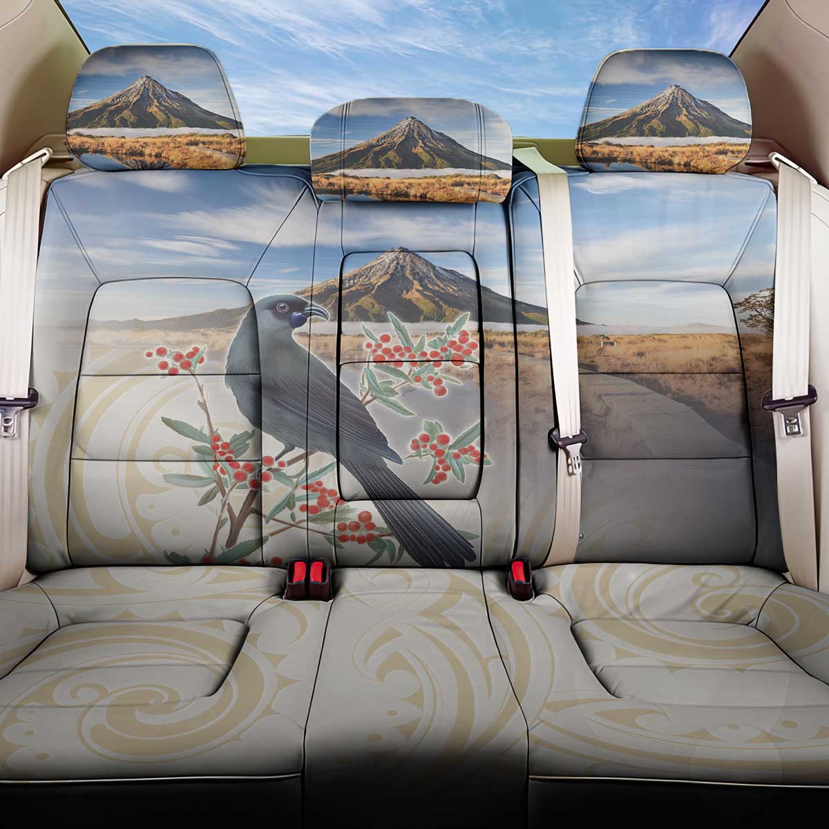 New Zealand Mount Taranaki Landscape Back Car Seat Cover Kokako Bird Polynesian Style