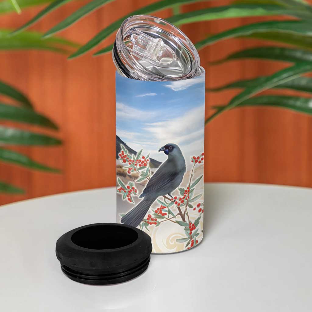 New Zealand Mount Taranaki Landscape 4 in 1 Can Cooler Tumbler Kokako Bird Polynesian Style