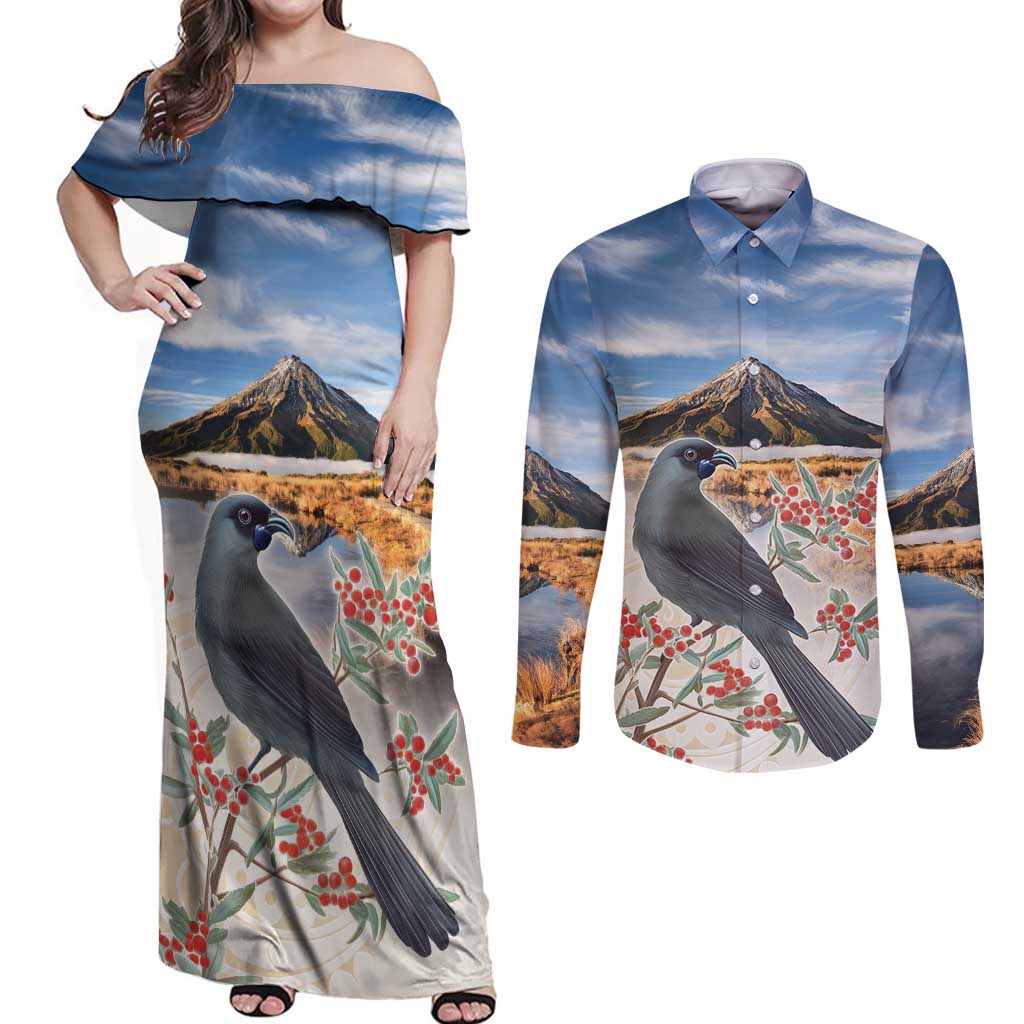 New Zealand Mount Taranaki Landscape Couples Matching Off Shoulder Maxi Dress and Long Sleeve Button Shirt Kokako Bird Polynesian Style LT05 Blue - Polynesian Pride
