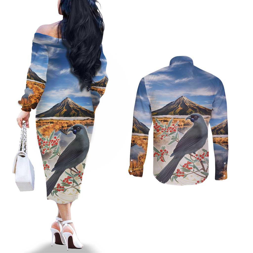New Zealand Mount Taranaki Landscape Couples Matching Off The Shoulder Long Sleeve Dress and Long Sleeve Button Shirt Kokako Bird Polynesian Style