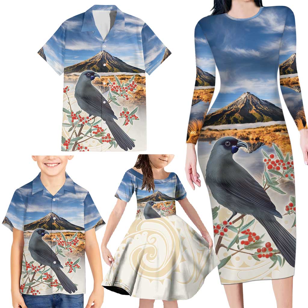 New Zealand Mount Taranaki Landscape Family Matching Long Sleeve Bodycon Dress and Hawaiian Shirt Kokako Bird Polynesian Style