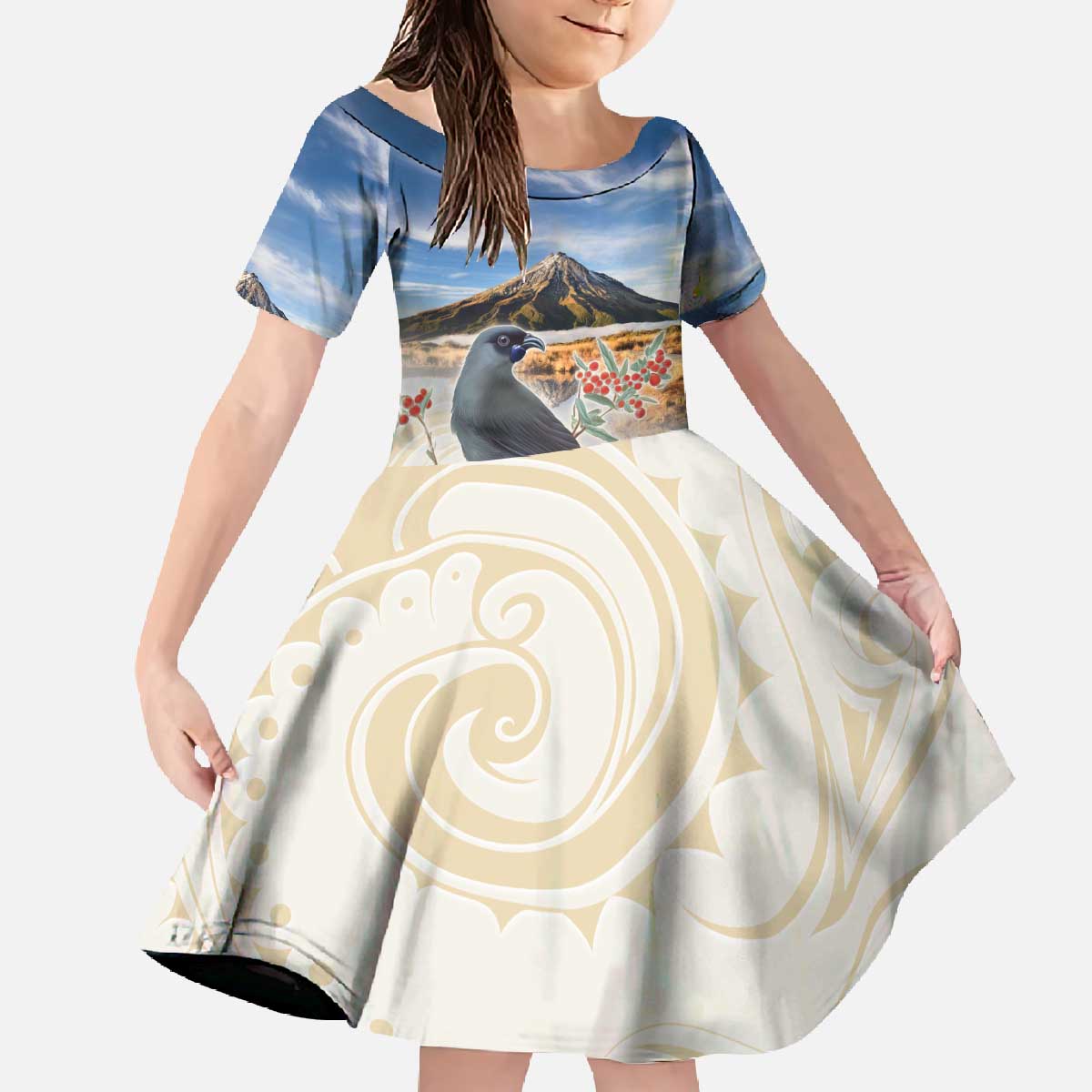 New Zealand Mount Taranaki Landscape Family Matching Off The Shoulder Long Sleeve Dress and Hawaiian Shirt Kokako Bird Polynesian Style