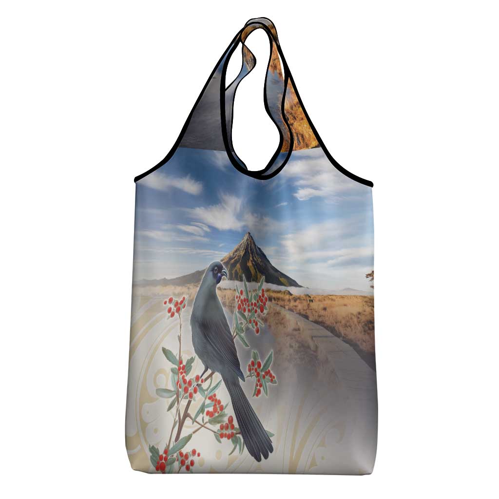 New Zealand Mount Taranaki Landscape Grocery Bag Kokako Bird Polynesian Style LT05 - Polynesian Pride