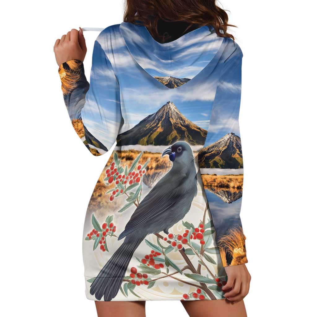 New Zealand Mount Taranaki Landscape Hoodie Dress Kokako Bird Polynesian Style