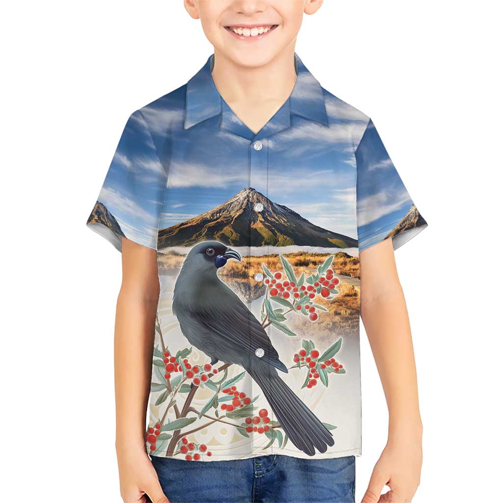 New Zealand Mount Taranaki Landscape Kid Hawaiian Shirt Kokako Bird Polynesian Style