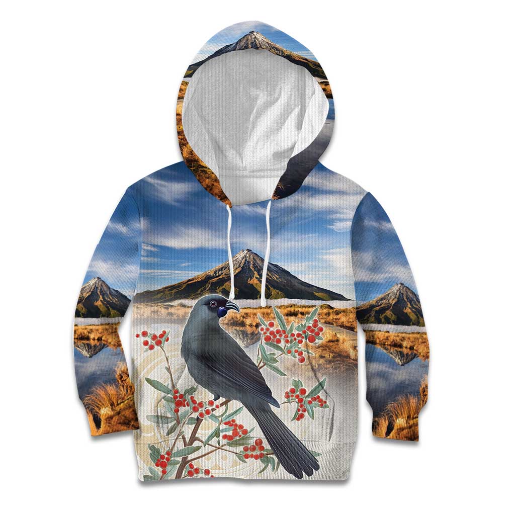 New Zealand Mount Taranaki Landscape Kid Hoodie Kokako Bird Polynesian Style