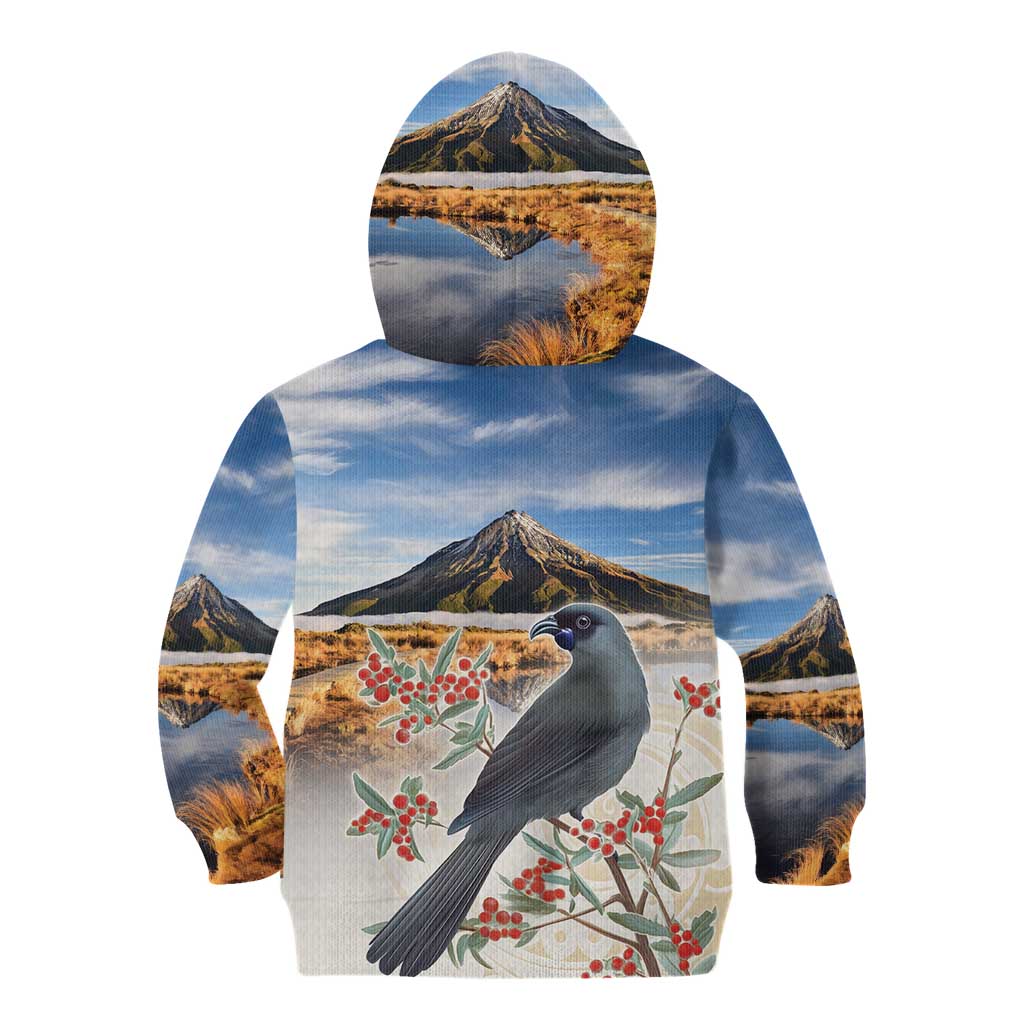 New Zealand Mount Taranaki Landscape Kid Hoodie Kokako Bird Polynesian Style