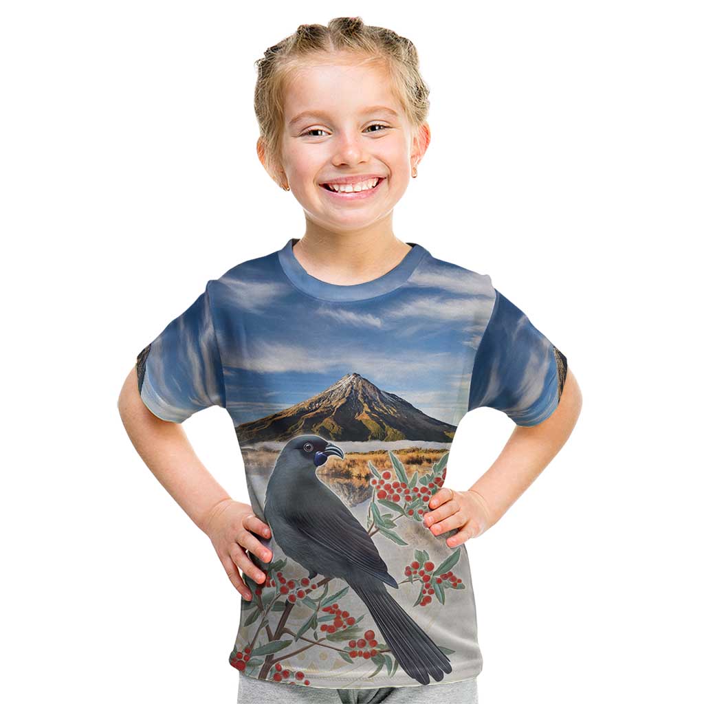 New Zealand Mount Taranaki Landscape Kid T Shirt Kokako Bird Polynesian Style