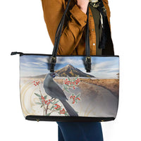 New Zealand Mount Taranaki Landscape Leather Tote Bag Kokako Bird Polynesian Style LT05 - Polynesian Pride