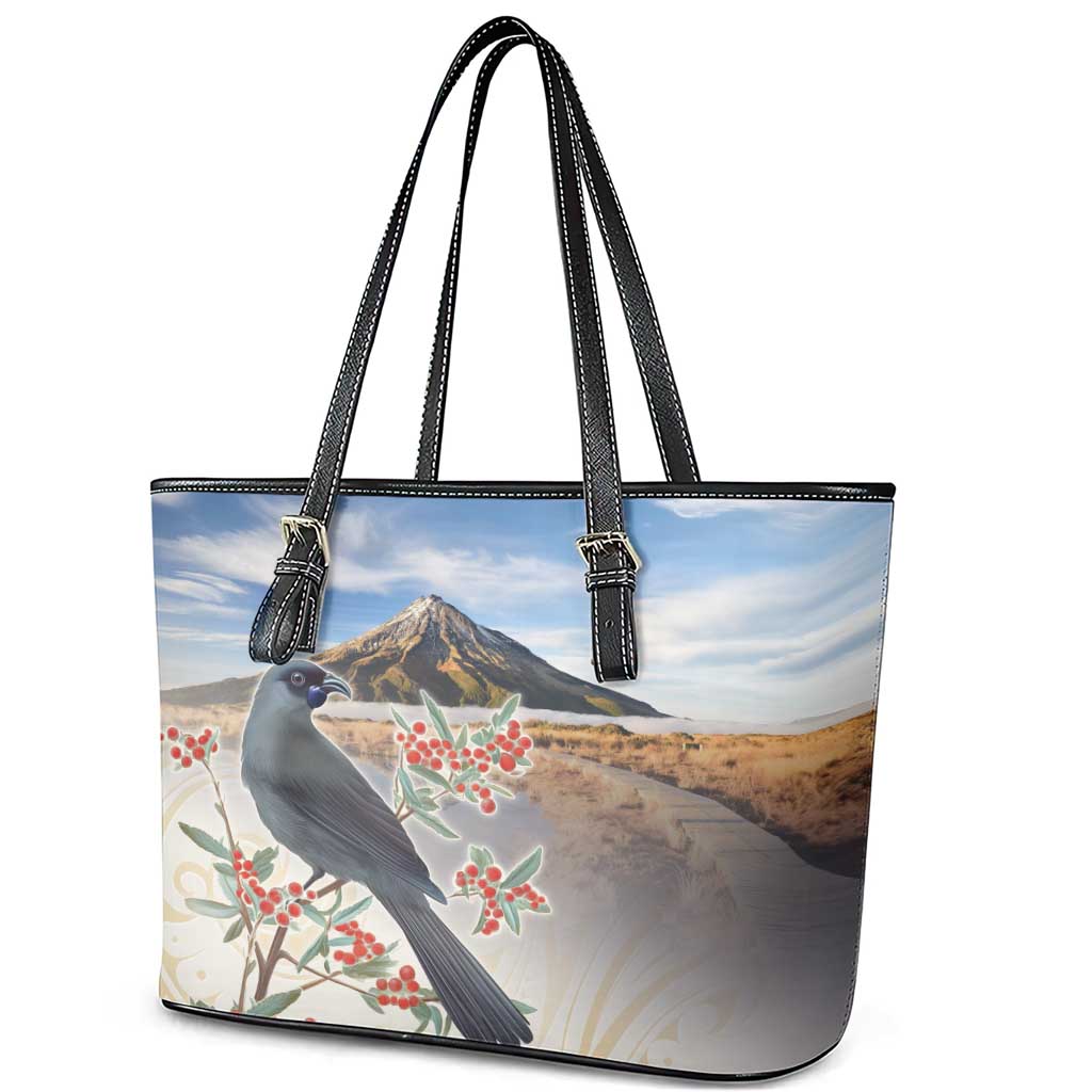 New Zealand Mount Taranaki Landscape Leather Tote Bag Kokako Bird Polynesian Style LT05 - Polynesian Pride