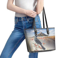 New Zealand Mount Taranaki Landscape Leather Tote Bag Kokako Bird Polynesian Style LT05 - Polynesian Pride