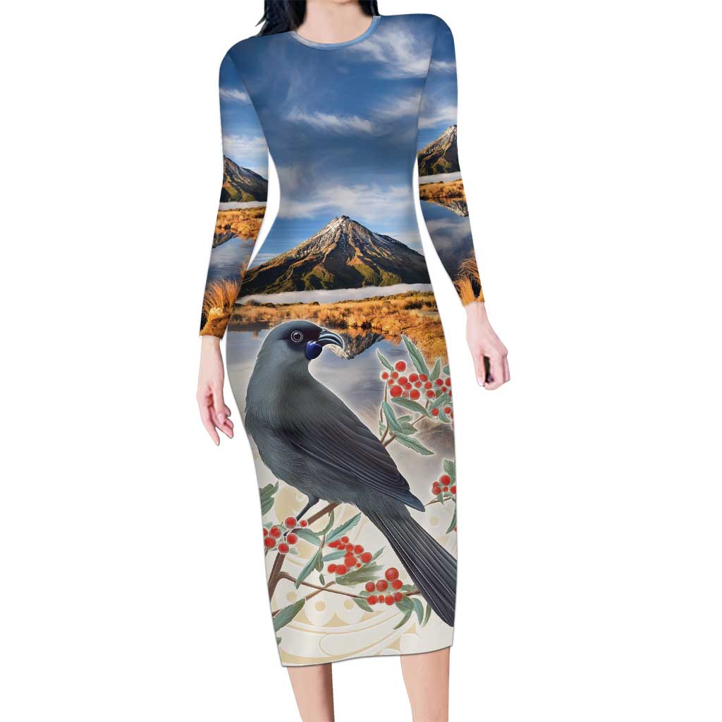 New Zealand Mount Taranaki Landscape Long Sleeve Bodycon Dress Kokako Bird Polynesian Style