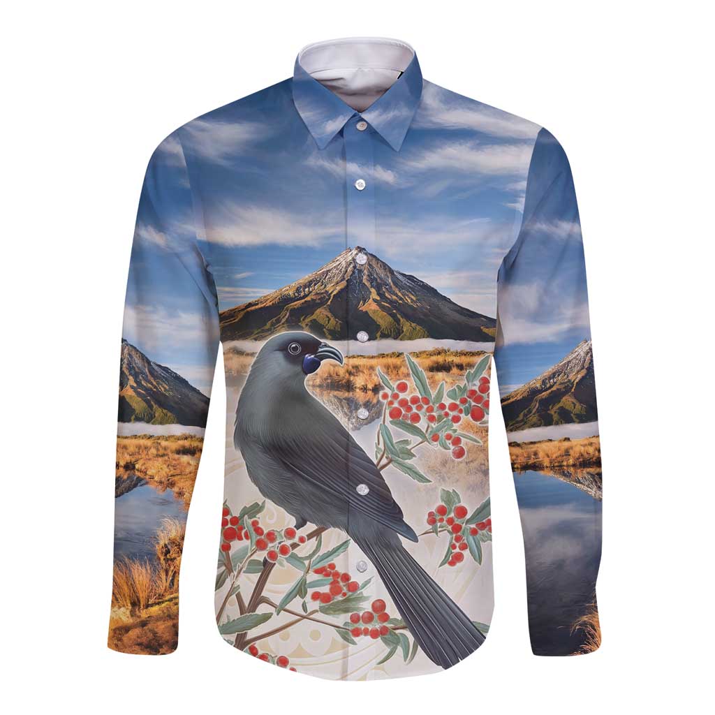 New Zealand Mount Taranaki Landscape Long Sleeve Button Shirt Kokako Bird Polynesian Style