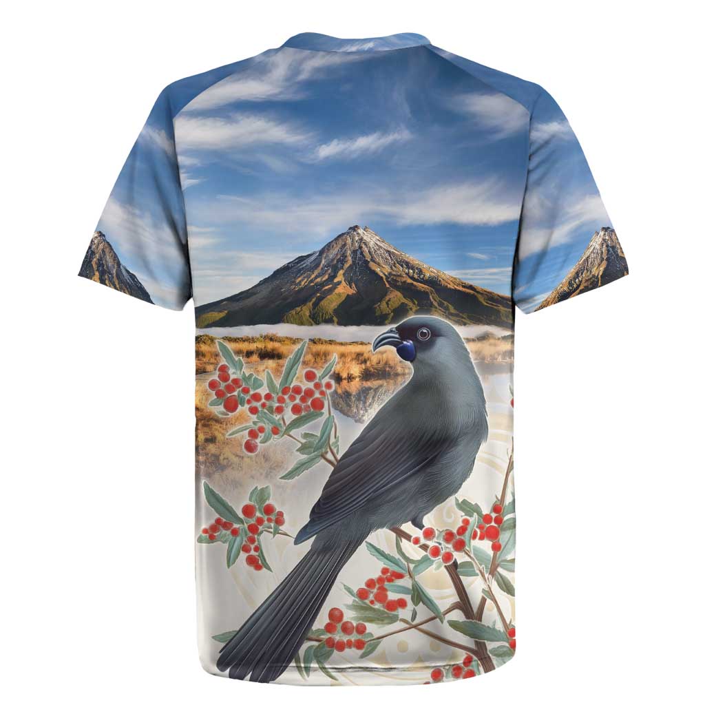 New Zealand Mount Taranaki Landscape Rugby Jersey Kokako Bird Polynesian Style